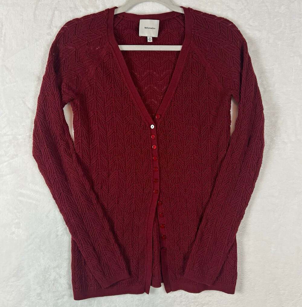 Reformation Cardigan Sweater M Burgundy 100% Merino Wool Pointelle Knit
